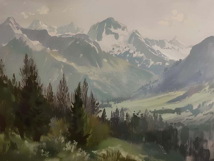 A landscape oil painting of the Dolomites by Eastwood Collective